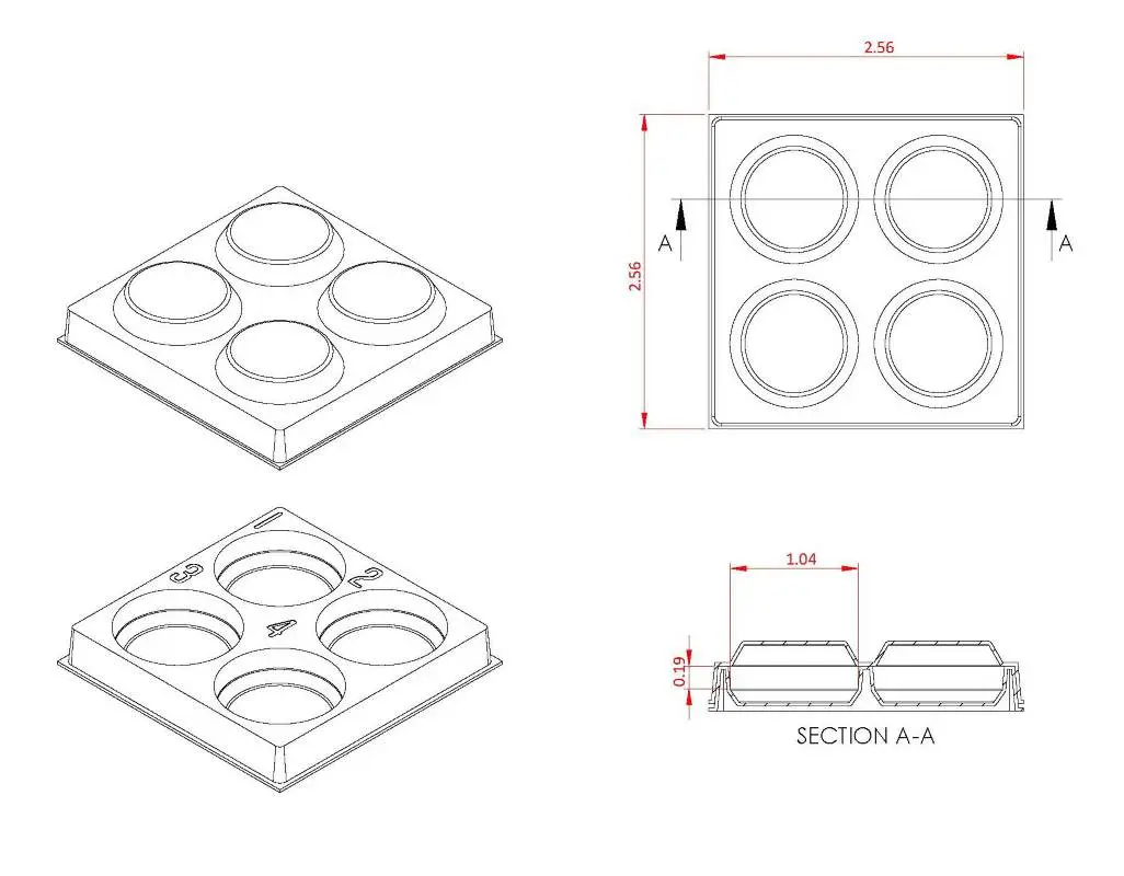 Drawing for 4 cavity optics tray.